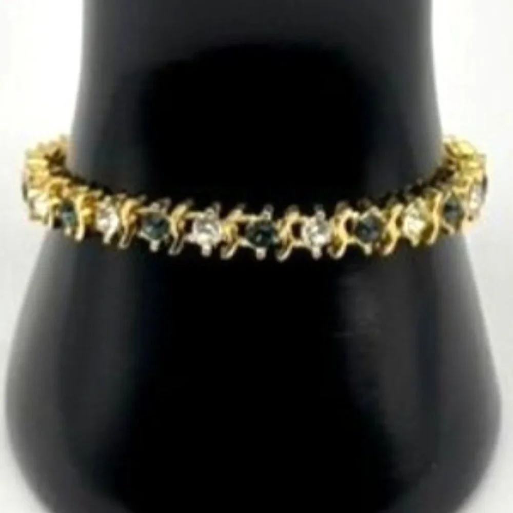 Vintage Gold Tone Metal and Faux Sapphire Faux Diamond Tennis Style Bracelet 80s - Picture 3 of 13